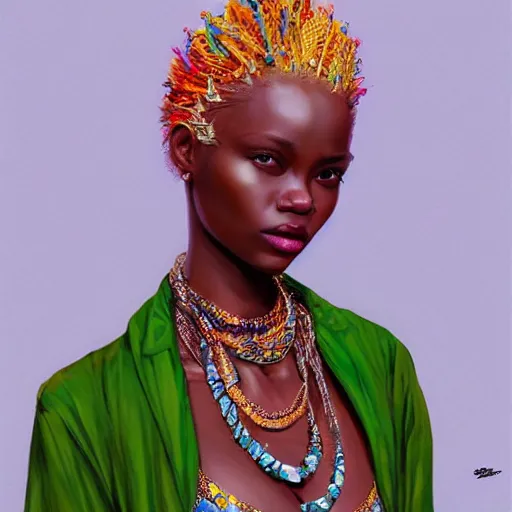 Prompt: A masterpiece portrait of a Incredibly beautiful African girl albino model. With big bright African jewelry. In African clothes. Vogue. trending on artstation, digital art, by Stanley Artgerm Lau, WLOP, Rossdraws, James Jean, Andrei Riabovitchev, Marc Simonetti, Yoshitaka Amano