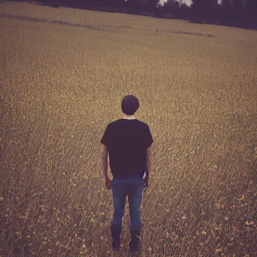 Image similar to kodak portra 4 0 0 photograph of a skinny guy standing in field of dead trees, flower crown, back view, moody lighting, moody vibe, telephoto, 9 0 s vibe, blurry background, vaporwave colors, faded!,