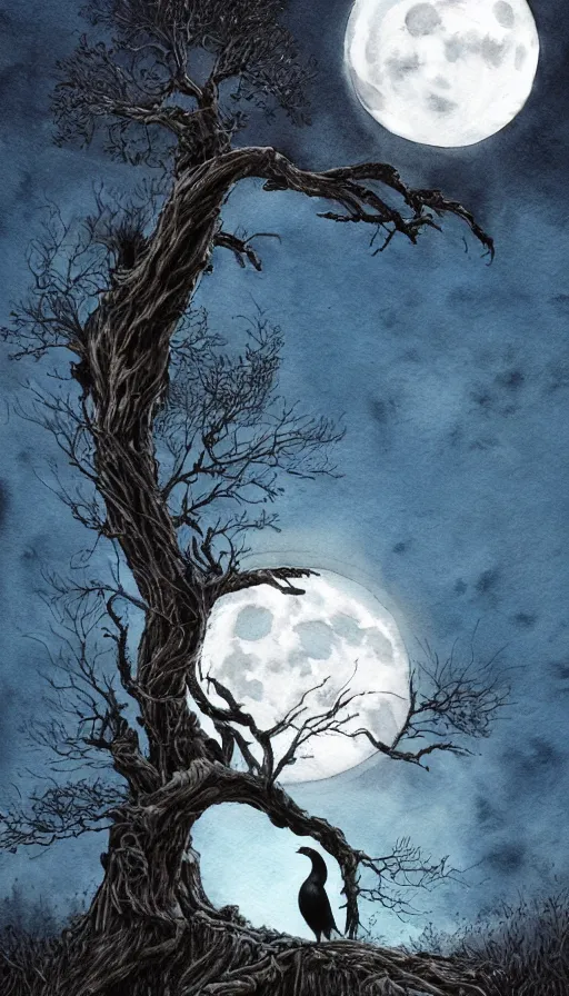 Image similar to book cover art, big crow on tree in front of the full big moon, watercolor, dramatic lighting, cinematic, establishing shot, extremely high detail, foto realistic, cinematic lighting, pen and ink, intricate line drawings, by Yoshitaka Amano, Ruan Jia, Kentaro Miura, Artgerm, post processed, concept art, artstation, matte painting, style by eddie mendoza, raphael lacoste, alex ross