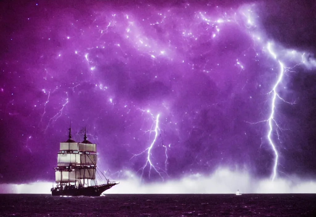 Image similar to purple color lighting storm with stormy sea,pirate ship firing its cannons with a water spout in the background. trippy nebula sky 50mm shot, fear and loathing movie