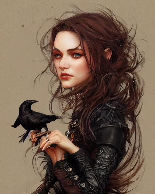 Prompt: close up portrait of a crow and a female witch, soft hair, half body, leather, d & d, fantasy, intricate, elegant, highly detailed, digital painting, artstation, concept art, smooth, sharp focus, illustration, art by artgerm and greg rutkowski and alphonse mucha