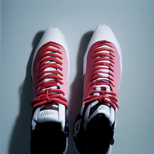 Prompt: a studio photoshoot of A Nike sneaker designed by Virgil Abloh and Louis Vuitton, Off-White, realistic, color film photography by Tlyer Mitchell, 35 mm, graflex