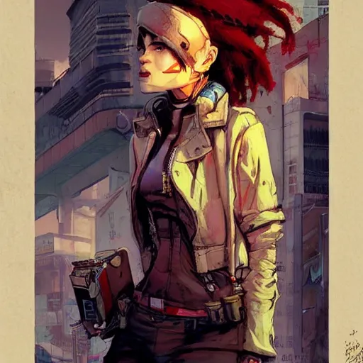 Image similar to concept art character, very high angle view, book cover, very attractive woman with full lips, walking in cyberpunk valley highly realistic, fine details, borderland 3 style, Painting, by Ashley Wood and Jamie Hewlett