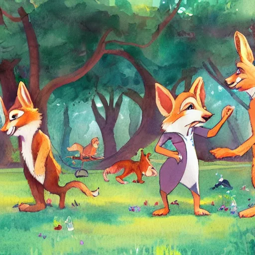 Image similar to Storybook illustration of anthropomorphic animal children playing in the park, watercolor style, Zootopia