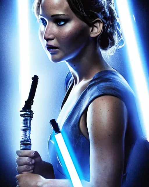 Image similar to jennifer lawrence as a jedi, battle scared with ripped clothes, holding up a blue lightsaber, very dark background, official new star wars episode xi movie poster from lucas arts, perfect symmetrical face, moody lighting, 8 k, shallow depth of field, intricate detail,