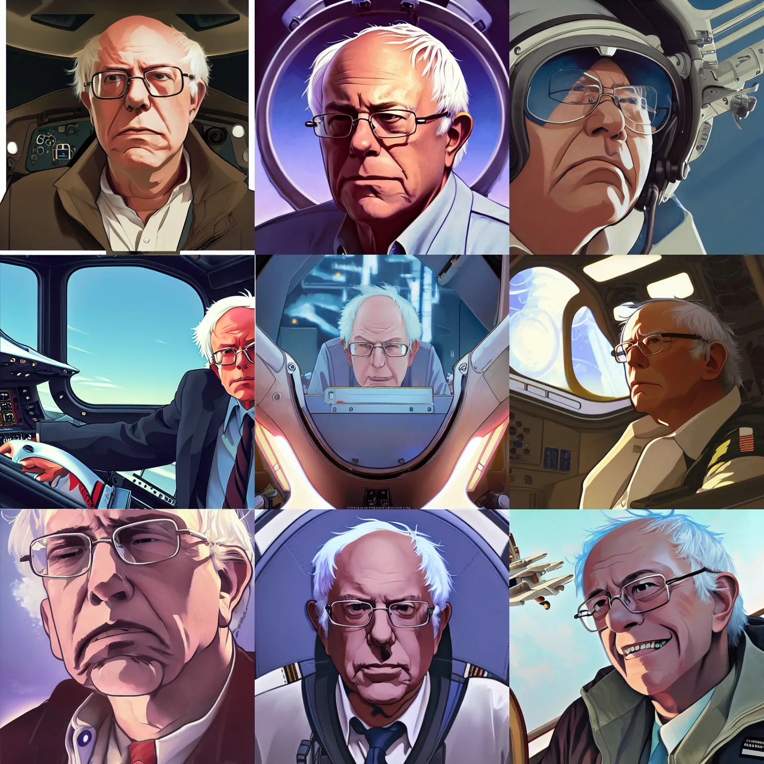 Prompt: Character portrait of a bernie sanders the starship pilot sitting in his cockpit, highly detailed, digital painting, artstation, concept art, smooth, sharp focus, Studio Ghibli anime screenshot, art by Artgerm and Alphonse Mucha and Ilya Kuvshinov