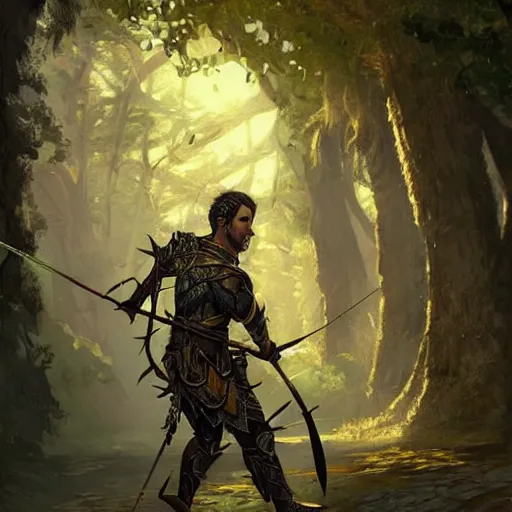 Image similar to a male elven archer wearing armor made of leaves, epic fantasy digital art style, fantasy artwork, by Greg Rutkowski, fantasy hearthstone card art style