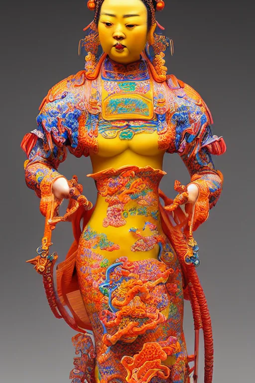 Image similar to an polished texturized sculpture of Curupira in vivid colored chinese porcelain by kris kuksi