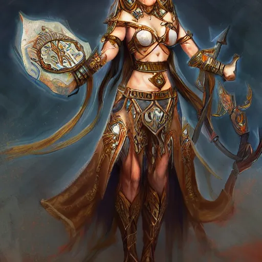 Image similar to concept art of beautiful priestess in warrior pose, hyper detailed