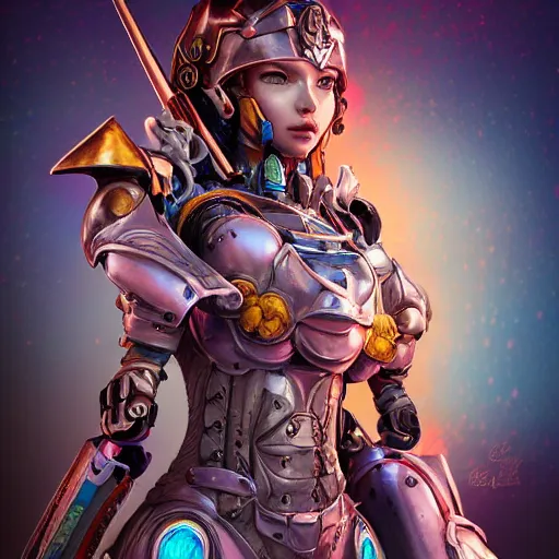 Image similar to studio portrait of lawful good colorful female holy mecha paladin absurdly beautiful, elegant, young sensual graceful woman, ultrafine hyperrealistic detailed face illustration by kim jung gi, irakli nadar, intricate linework, sharp focus, bright colors, matte, octopath traveler, final fantasy, unreal engine highly rendered, global illumination, radiant light, intricate environment