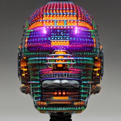 Image similar to a glossy claymodel of a cyberpunk aztec futuristic robot head, top of the head is made of gears and multicolored glowing tubes, eyes are multicolored lamps, 8 k, front shot, symetrical, flourescent colors, halluzinogenic, multicolored, insanely detailed, 3 d render, octane