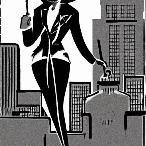 Prompt: concept art 1930's noir style female detective on rooftop above city smoking cigarette