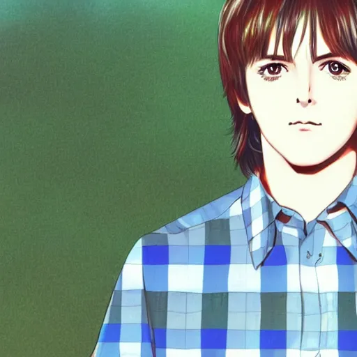 Image similar to close up anime illustration of young Paul McCartney from the Beatles, wearing a blue and white check shirt, silver sports watch, outdoors in Singapore, ufotable