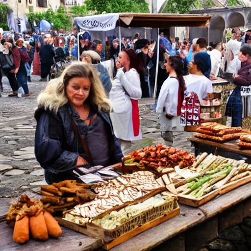 Prompt: medieval food market on a bridge