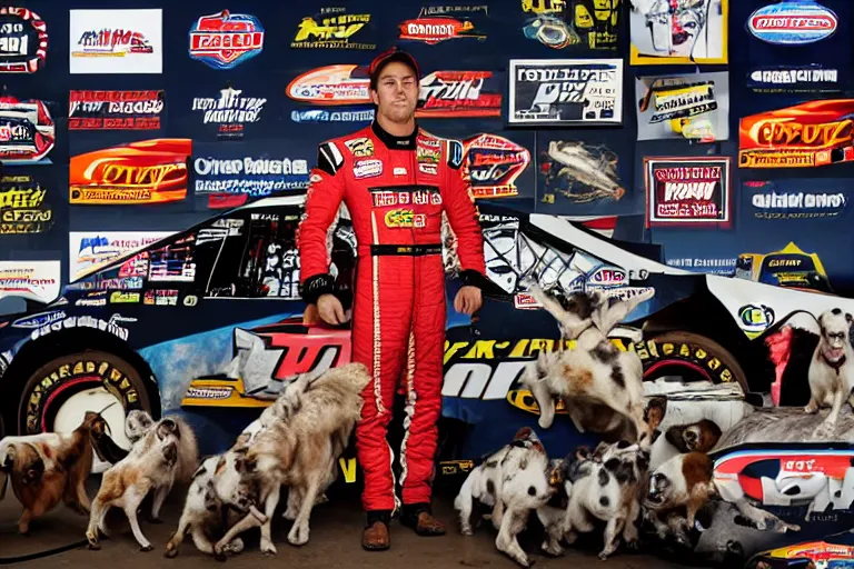 Image similar to vfx movie nascar driver man covered in corporate sponsor logos holding up bone for pack of dogs in the u. s. senate, interior. by emmanuel lubezki