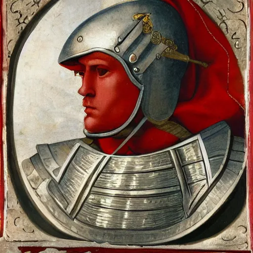 Image similar to a knight wearing silver armor and helmet, red white and gold color scheme, baroque, by Michelangelo, high detail