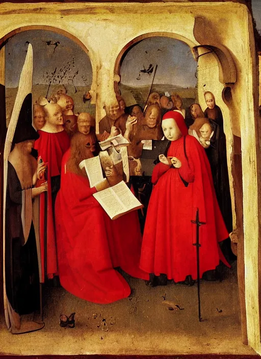 Image similar to fallen angels dressed in red reading the bible and arguing in Tuscany by Jan van Eyck, Hieronymus Bosch, 4k post-processing, highly detailed medieval painting