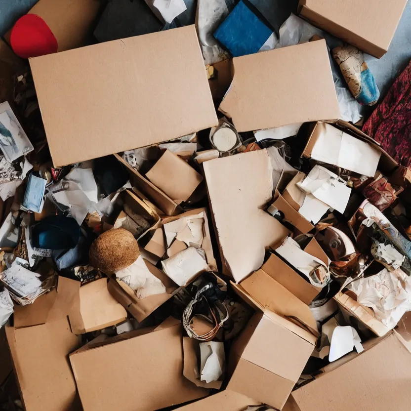 Prompt: a box of many objects, various sizes, indoors, photograph