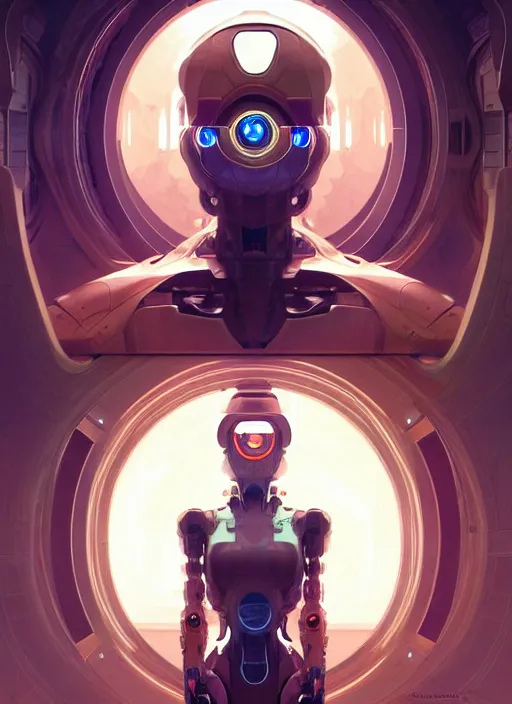 Image similar to symmetry, hi - tech robot in a spaceship intricate, elegant, highly detailed, digital painting, artstation, concept art, smooth, sharp focus, illustration, art by artgerm and greg rutkowski and alphonse mucha