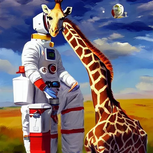 Image similar to a giraffe dressed like an astronaut drinking tea with queen isabel, trending on artstation, art by greg manchess, guangjian, detailed digital art, artstation hd