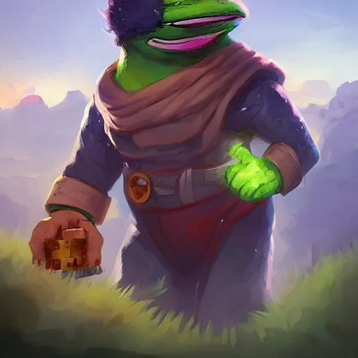 Image similar to super rich happy pepe the miner, greg rutkowski, crystals