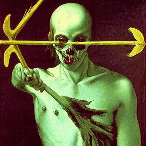 Image similar to painting by caravaggio of a drowned zombie, floating underwater, holding a trident with glowing cyan eyes, wearing ragged clothing, holding a trident, underwater, pastel green and blue color palette