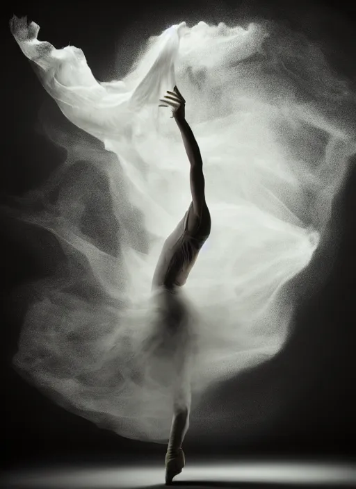 Image similar to a Photorealistic dramatic hyperrealistic render of a glamorous beautiful Female smoke dancer by Ken Brower and Deborah Ory of NYC Dance project,Lois Greenfield,Flowing cloth and smoke,Beautiful dynamic dramatic dark moody lighting,volumetric,shadows,cinematic atmosphere,Octane render,8K