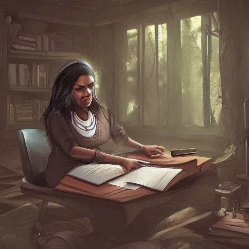 Prompt: a brown female author writing a book with a pen in an eerie cottage in the woods, detailed digital art, trending on artstation, realistic! 8k, anatomically correct