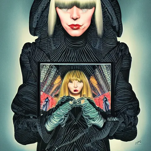 Prompt: portrait of crazy sia kate isobelle furler, symmetrical, glamour, by yoichi hatakenaka, masamune shirow, josan gonzales and dan mumford, ayami kojima, takato yamamoto, barclay shaw, karol bak, yukito kishiro, artgerm