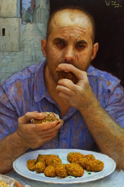 Image similar to portrait of an israeli man eating a falafel in tel aviv, victor Nizovtsev