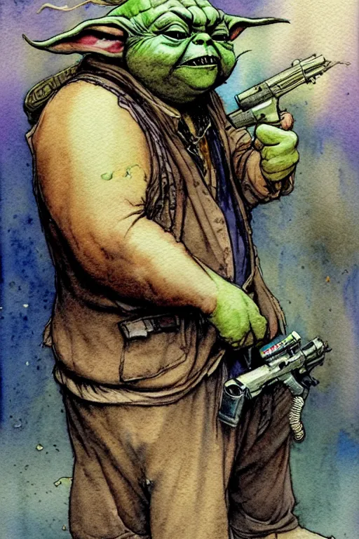 Prompt: a realistic and atmospheric watercolour fantasy character concept art portrait of a fat sleazy homeless chibi yoda wearing a wife beater and holding a handgun, by rebecca guay, michael kaluta, charles vess and jean moebius giraud