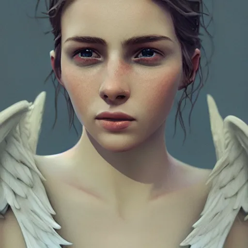 Image similar to portrait art of female angel by alessio albi 8 k ultra realistic, angel wings, lens flare, atmosphere, glow, detailed, intricate, full of colour, cinematic lighting, trending on artstation, 4 k, hyperrealistic, focused, extreme details, unreal engine 5, cinematic, masterpiece