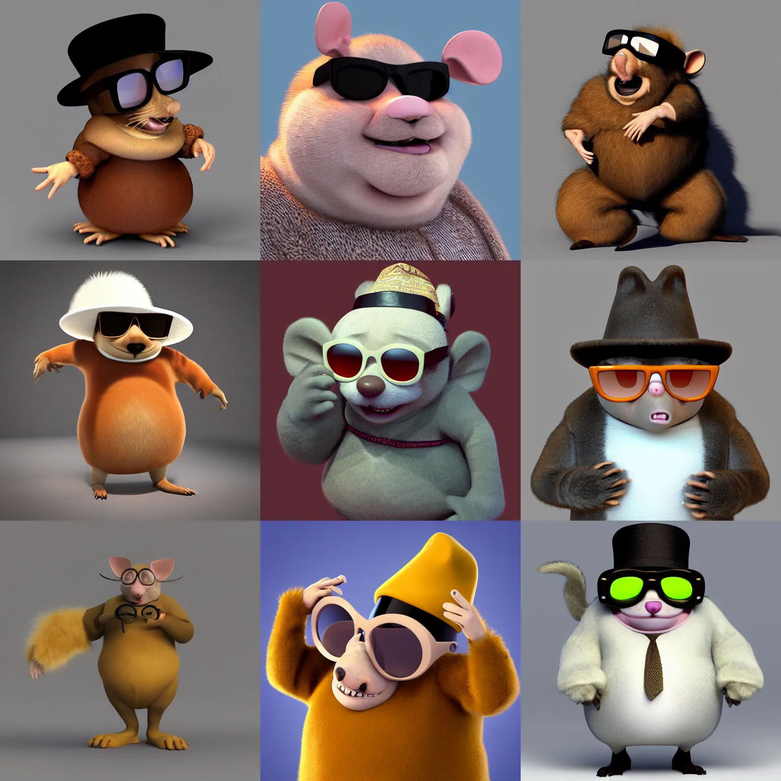 Prompt: “a slightly chubby anthropomorphic rat wearing an expensive fur coat and hat, wearing sunglasses, high quality 3d render, movie, pixar”