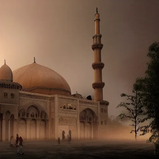 Prompt: a big mosque in a Village, horror, fog, foster, highly detailed, one house, fear, hyper realistic, atmospheric lighting