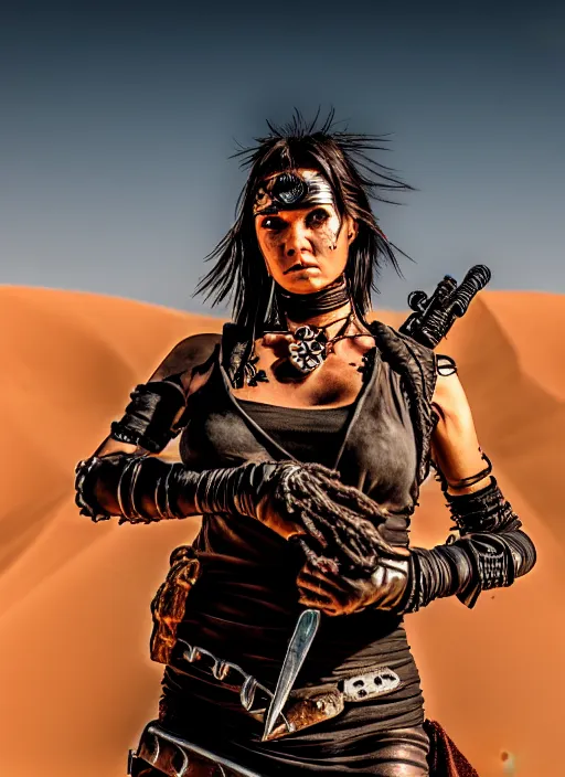 Image similar to mad max style warrior woman in desert _ unreal _ 5 _ daz. _ rpg _ portrait _ extremely _ detailed _ hyper real photo, shot with canon eos r 6