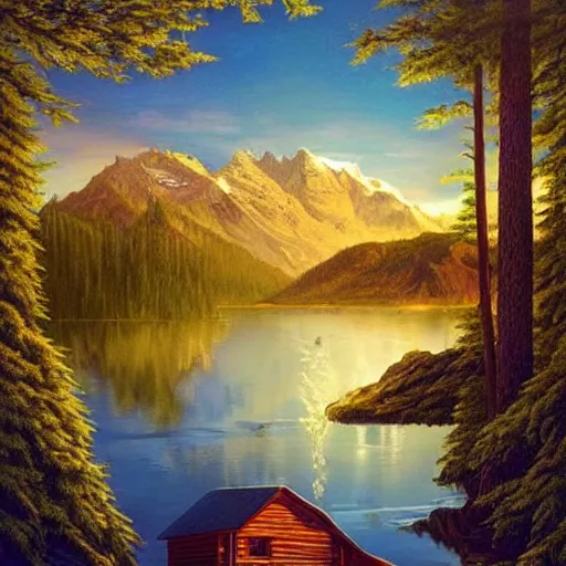 Prompt: A beautiful experimental art of a mountain lake scene with a cabin nestled in the woods. The light shining through the trees and reflecting off the water is stunning. Garfield by Jacek Yerka subtle