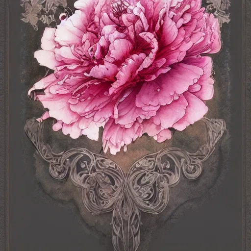 Prompt: peony Art Nouveau designs and borders by Jean-Baptiste Monge, post processing, painterly, book illustration watercolor granular splatter dripping paper texture. Trending on artstation, post processing, pen and ink work, sharp focus