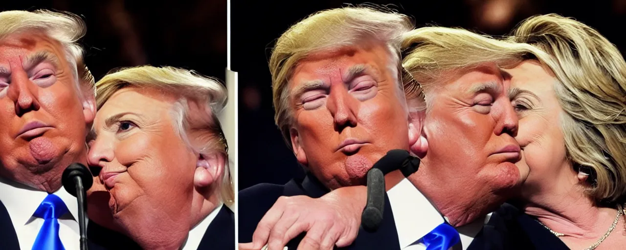 Prompt: AP PHOTO Donald trump seen kissing Hillary Clinton. They are both hiding