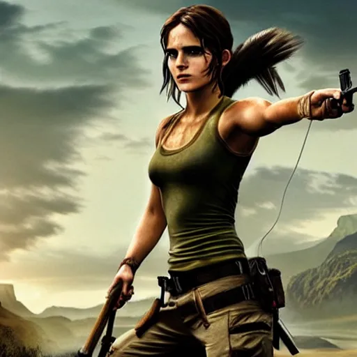 Image similar to Emma Watson as Lara croft tomb raider riding a tiger on an upcoming movie cover, cinematic lighting