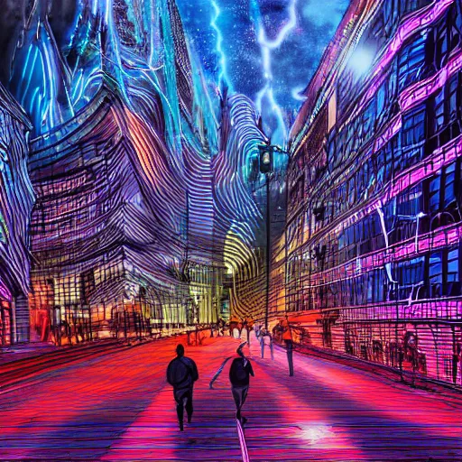 Image similar to landscape of people running away scared from crypto logos standing in the city, digital drawing, beautiful lightning, sharp colors, hyper - detailed, hdr, 8 k