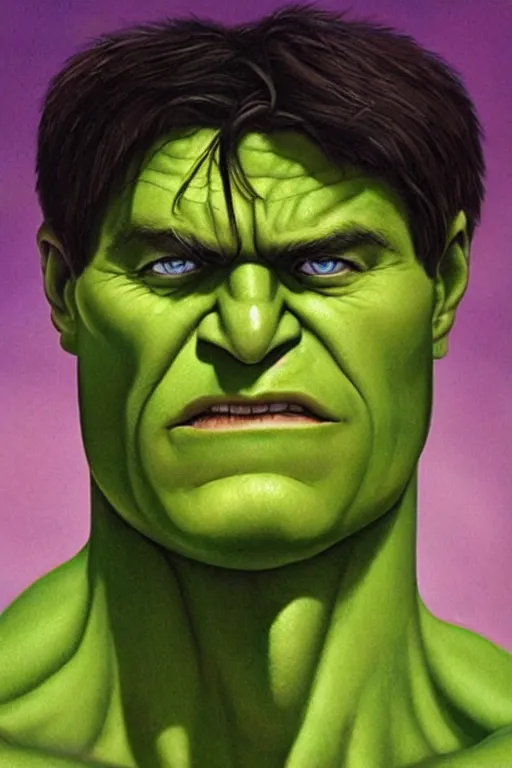 Image similar to ultra realistic incredible hulk face portrait in the style of grant wood