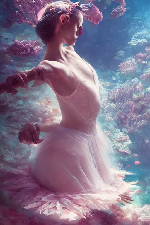 Image similar to stunningly beautiful, ballerina at the bottom of the great barrier reef, smooth, focus, highly detailed, hyper realistic, dramatic lighting, intricate, concept art, art by wlop