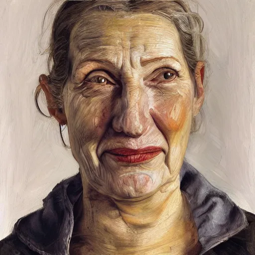 Image similar to high quality high detail painting by lucian freud, hd, portrait of smiling sad woman, photorealistic lighting