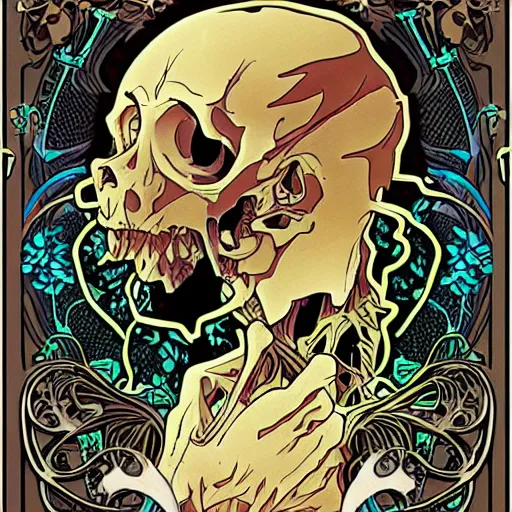 Image similar to anime manga skull portrait apes monkey skeleton illustration detailed style by Alphonse Mucha Moebius pop art nouveau