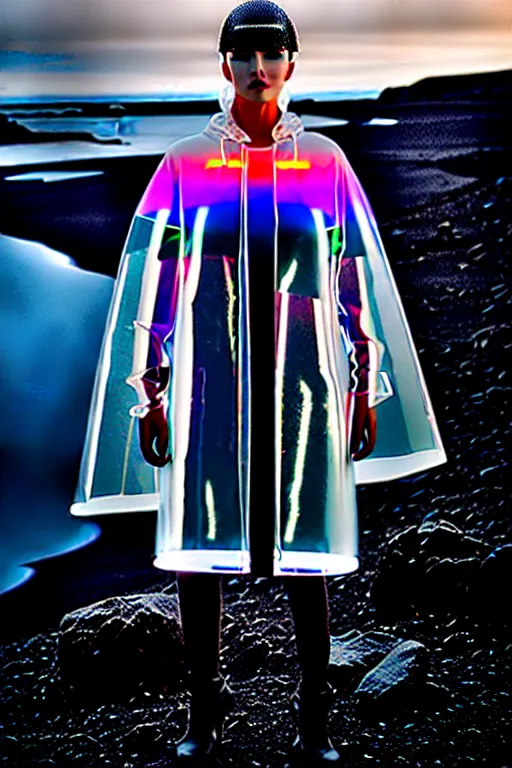 Image similar to an ultra high definition professional high fashion portrait studio full length photograph of a model wearing a transparent pearlescent raincoat and neon visor in an icelandic black rock environment at dawn. no artefacts. extremely detailed. stark. refraction. shallow depth of field. volumetric light and shadow. ray tracing. light rays.