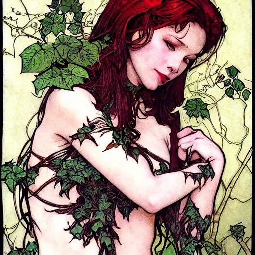 Prompt: a beautiful painting of poison ivy dressed as mary jane watson, intricate, elegant, highly detailed, digital painting, artstation, concept art, matte, sharp focus, illustration, art byby rebecca guay and by arthur rackham and by alphonse mucha and by john william waterhouse, comic book style!!