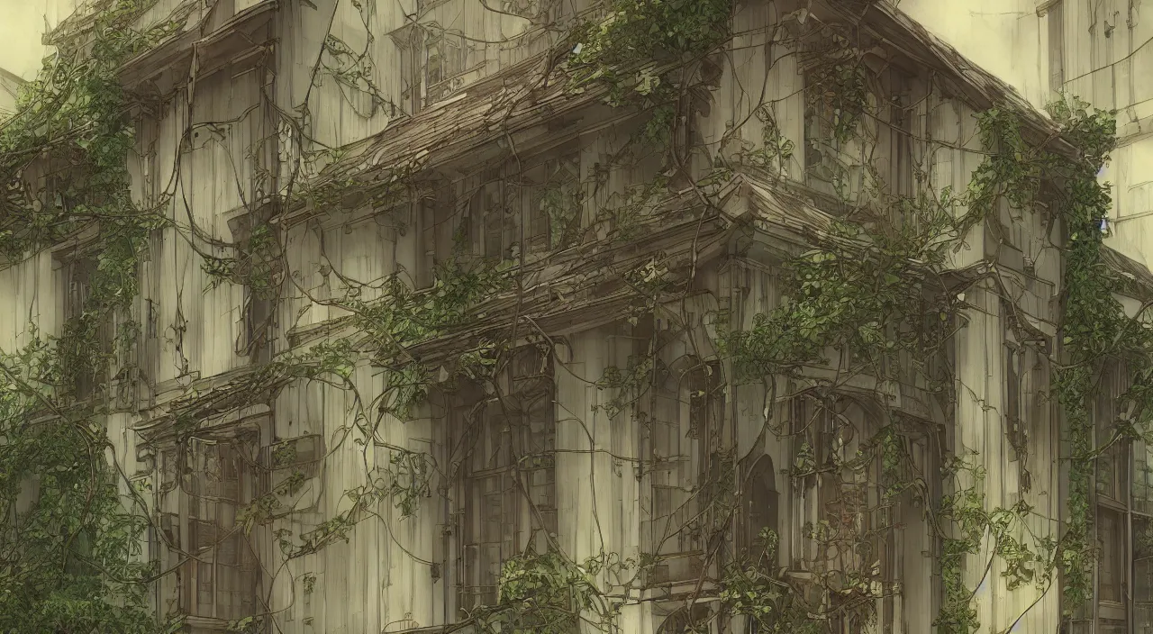 Prompt: house, by akihiko yoshida, ivy, stylized, artstation, atmosphere, by makoto shinkai, hanging vines, photorealistic, baroque, art nouveau, pixiv