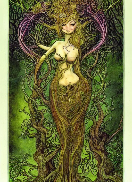 Image similar to junoesque curvaceous fey queen, vine dress, glowing forest, strong line, eerie color, beautiful! coherent! by brian froud