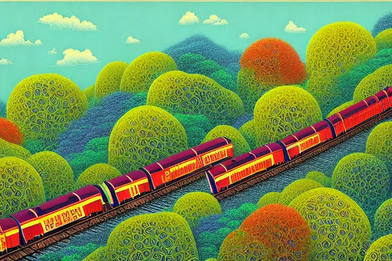 Image similar to surreal glimpse into other universe, choo choo train to penang hill, summer morning, very coherent and colorful high contrast, art by!!!! gediminas pranckevicius!!!!, geof darrow, floralpunk screen printing woodblock, dark shadows, hard lighting, stipple brush technique,