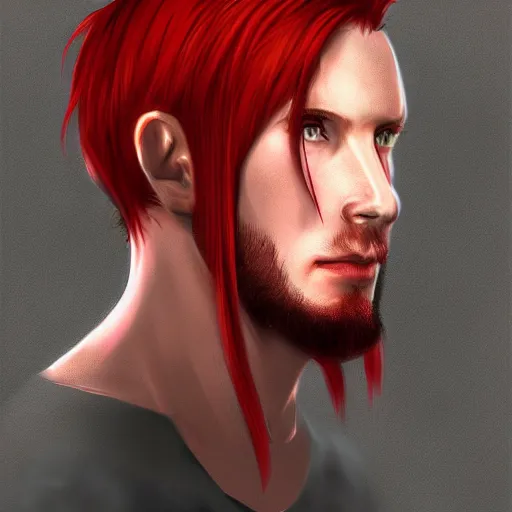 Prompt: portrait, 30 years old man :: red hair ponytail :: burned face :: high detail, digital art, RPG, concept art, illustration, Deviantart